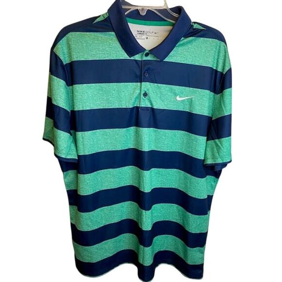 Nike Mens Polo Dri-Fit XL Navy Green Striped Golf Preppy Loungewear Shirt - Picture 1 of 5